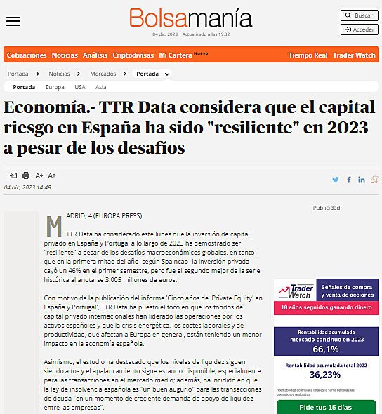 Economa.- TTR Data considera que el capital riesgo en Espaa en Espaa ha sido 